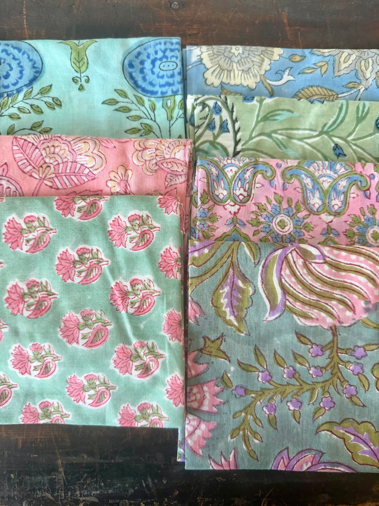 100% Cotton Block Print Fat Quarters - Turquoise Floral