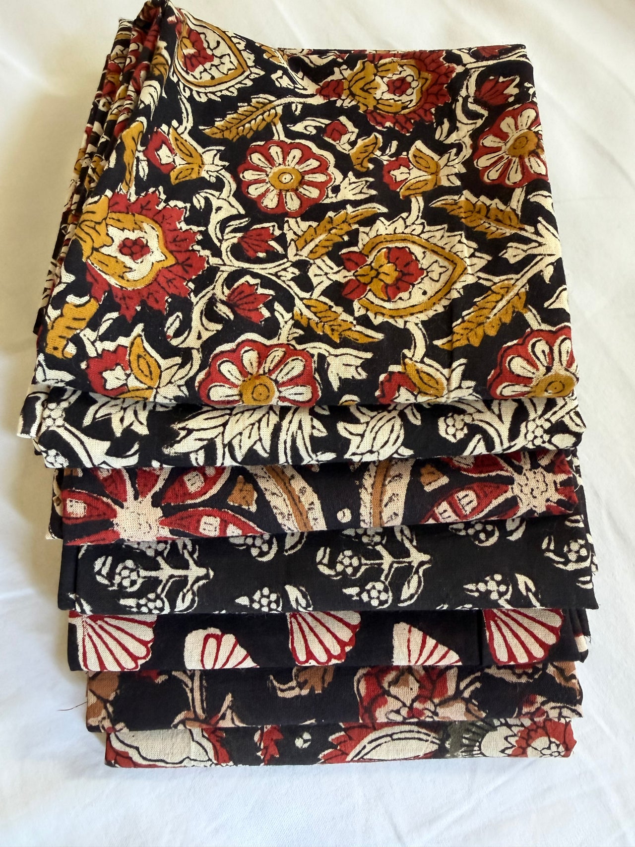 100% Cotton Block Print Fat Quarters - Black, Mustard & Red