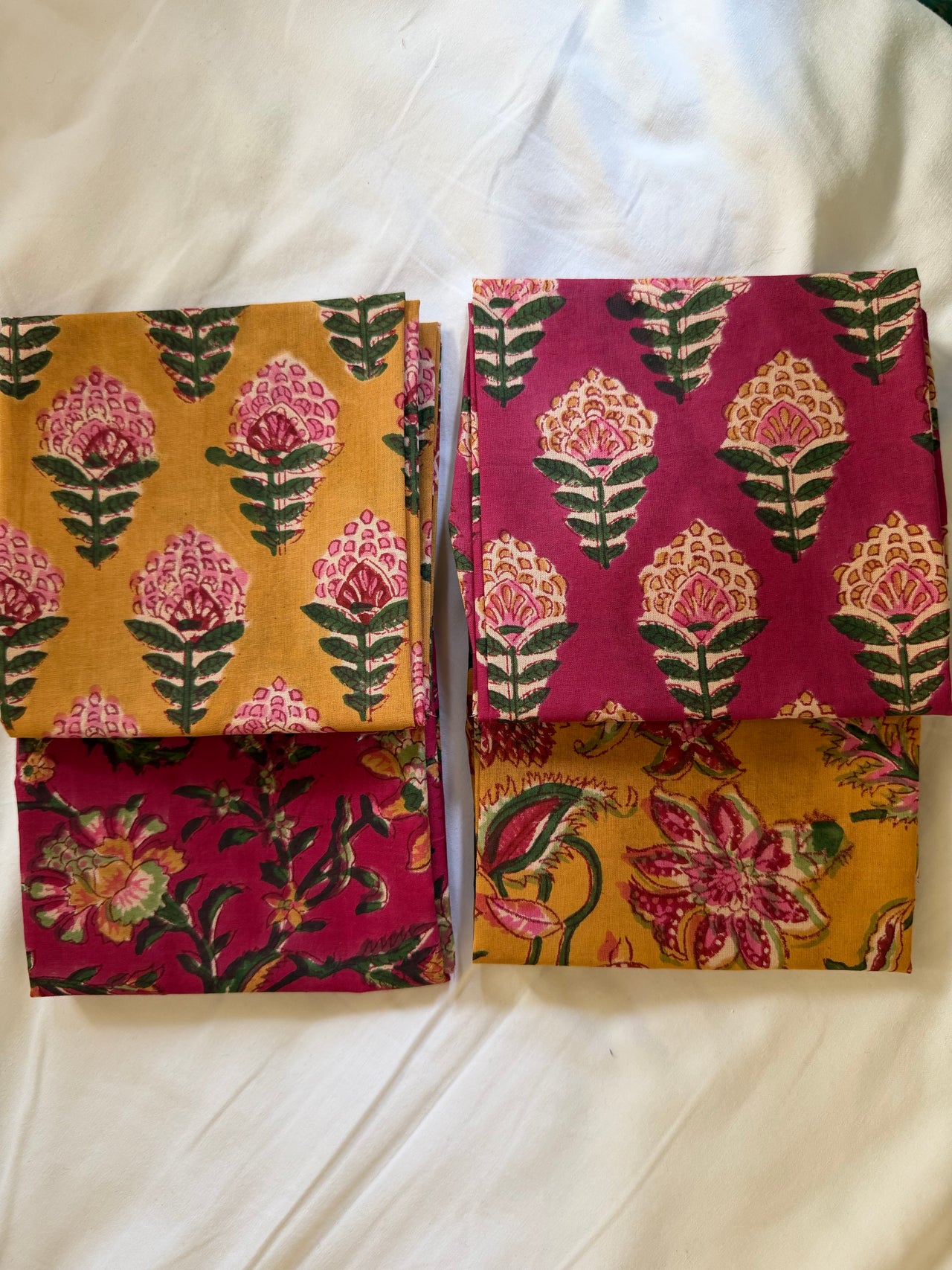 100% Cotton Block Print Fat Quarters - Raspberry Mustard Floral
