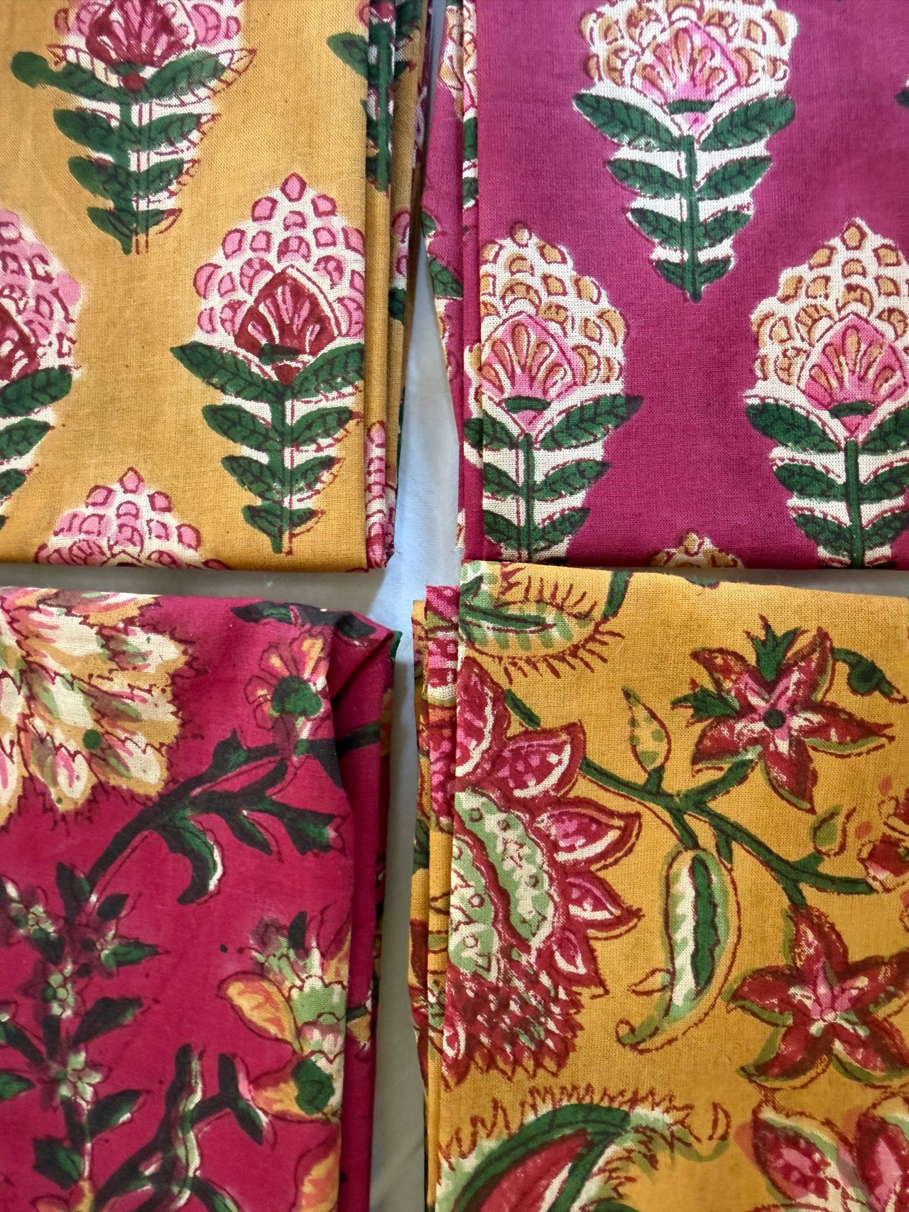100% Cotton Block Print Fat Quarters - Raspberry Mustard Floral