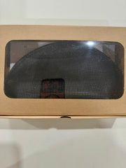 Black leather cross-stitch makeup bag in a kraft gift box with a clear window