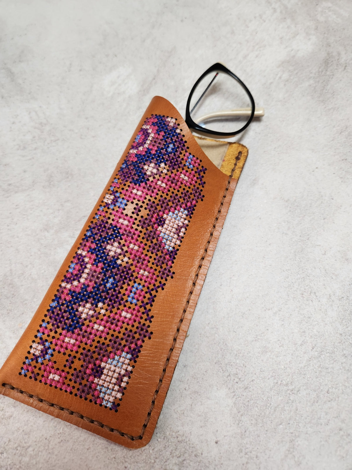 Cross – Stitch Kit – Black Leather Glasses Case – Multi – Colour Floral