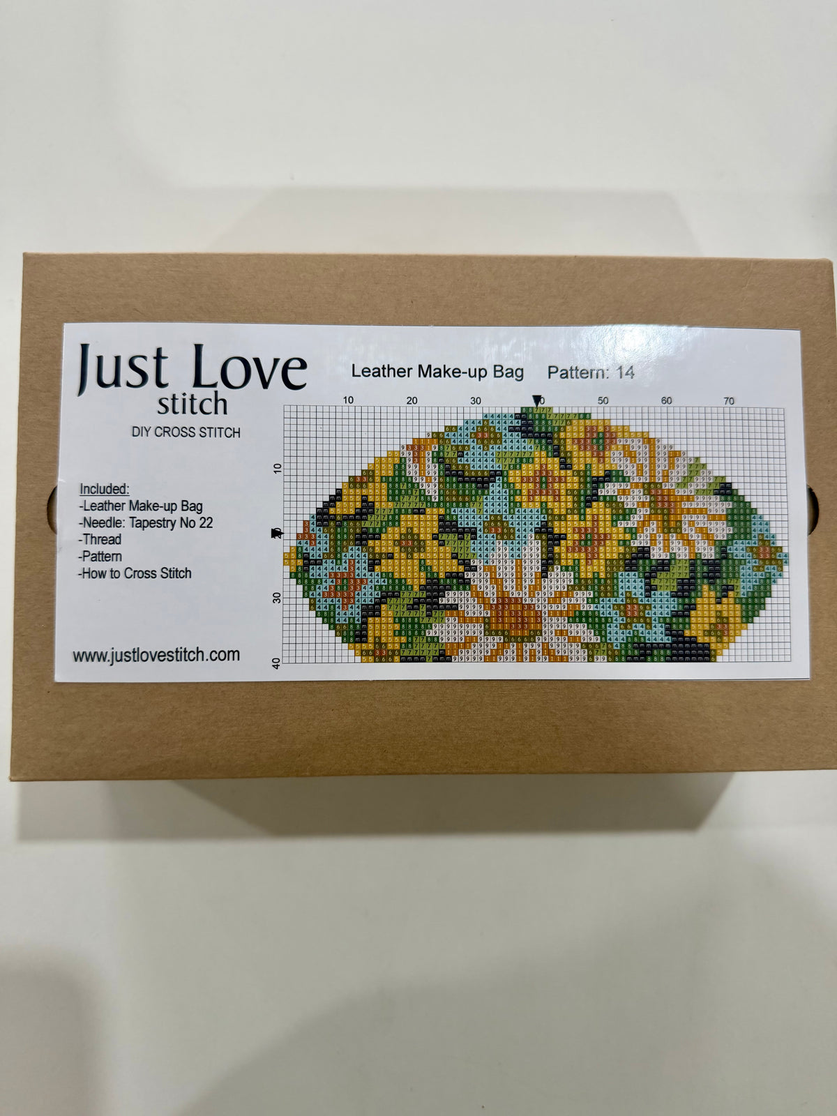 Cross – Stitch Kit – Black Leather Make – Up Bag – Yellow & Blue Floral