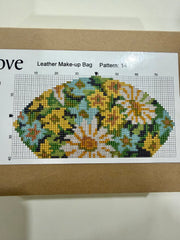Cross – Stitch Kit – Black Leather Make – Up Bag – Yellow & Blue Floral