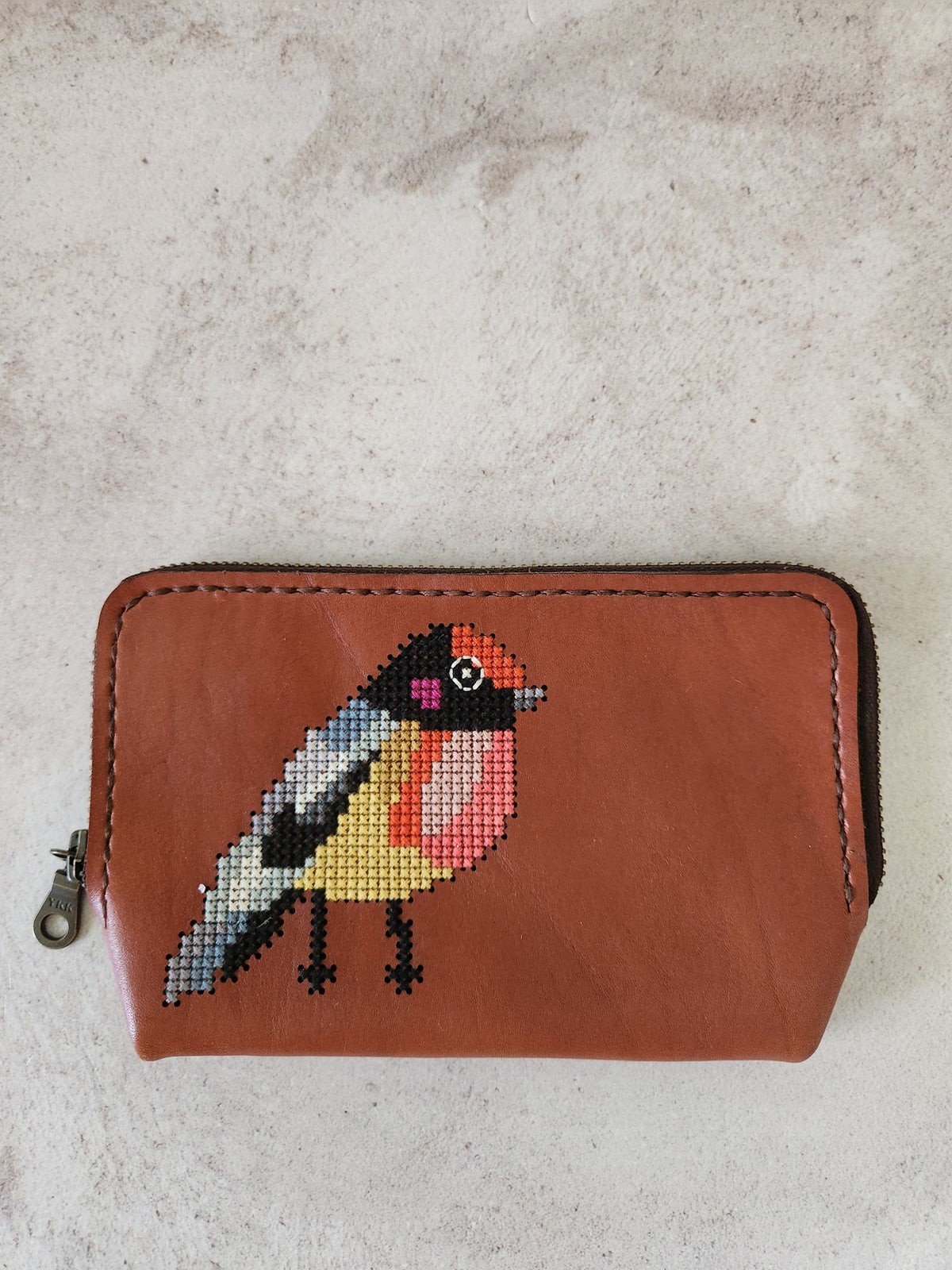 Cross – Stitch Kit – Black Leather Zipper Pouch – Bird