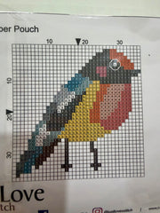 Cross – Stitch Kit – Black Leather Zipper Pouch – Bird