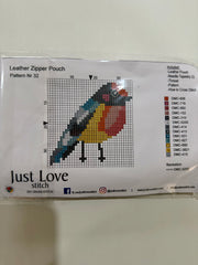 Cross – Stitch Kit – Black Leather Zipper Pouch – Bird