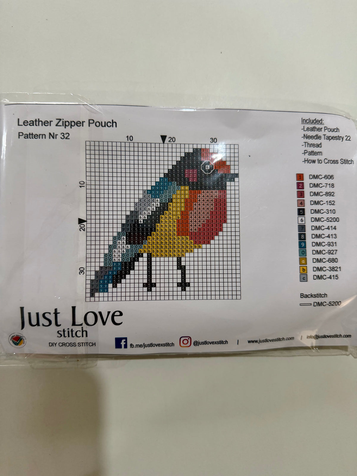 Cross – Stitch Kit – Black Leather Zipper Pouch – Bird