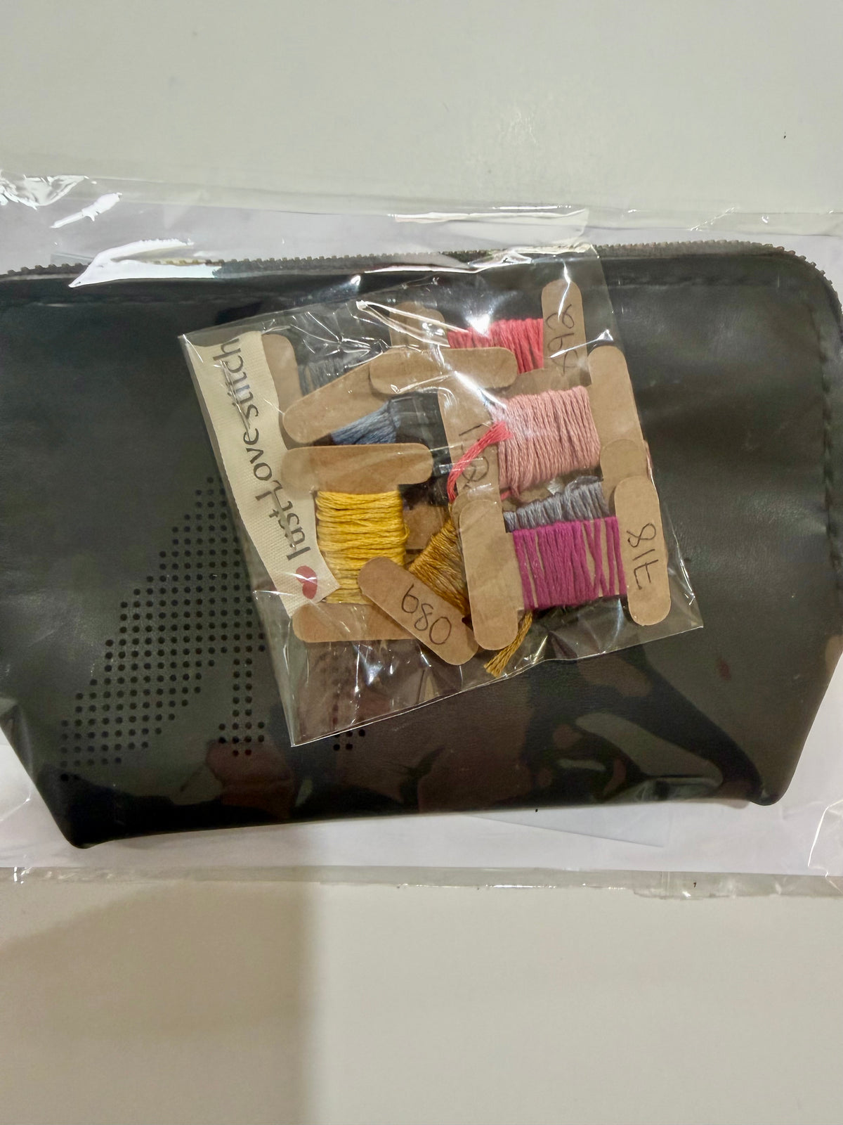 Cross – Stitch Kit – Black Leather Zipper Pouch – Bird