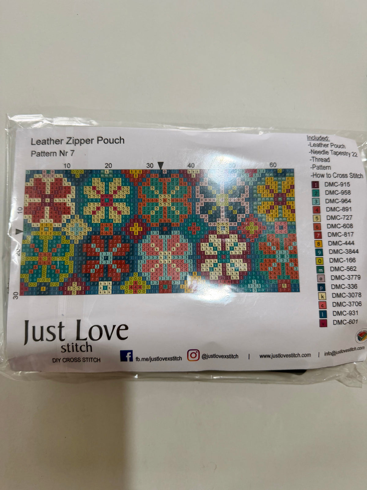 Cross – Stitch Kit – Black Leather Zipper Pouch – Floral Pattern