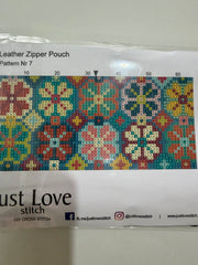 Cross – Stitch Kit – Black Leather Zipper Pouch – Floral Pattern