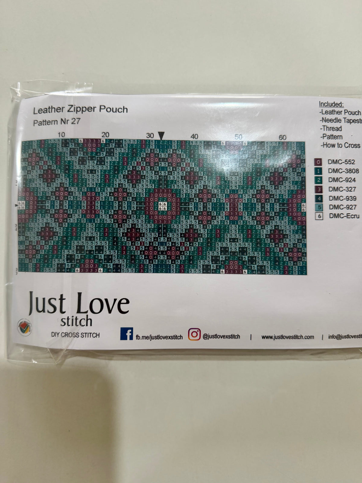 Cross – Stitch Kit – Black Leather Zipper Pouch – Turquoise & Purple Pattern
