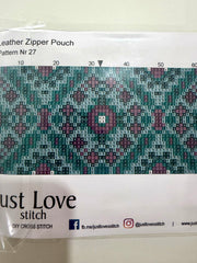 Cross – Stitch Kit – Black Leather Zipper Pouch – Turquoise & Purple Pattern