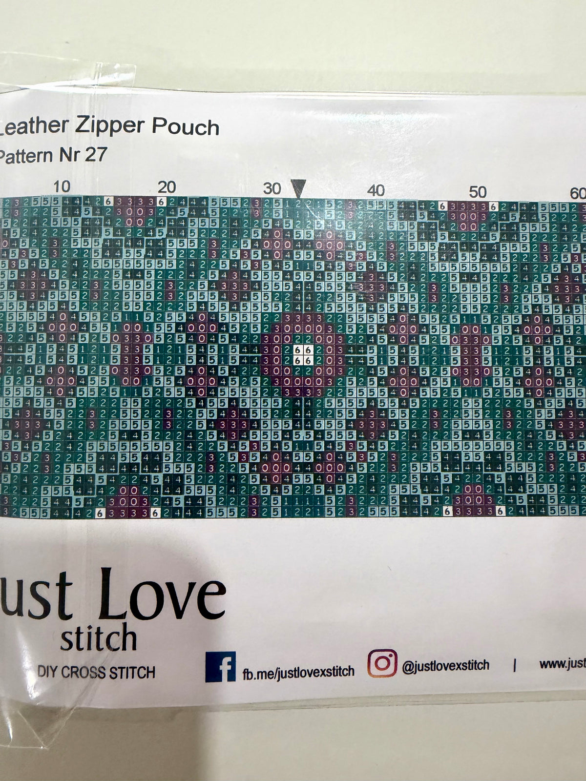 Cross – Stitch Kit – Black Leather Zipper Pouch – Turquoise & Purple Pattern