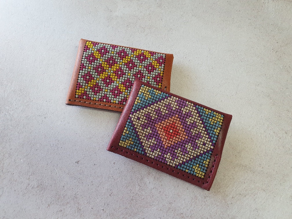 Cross – Stitch Kit – Tan Leather Card Holder – Multi – Coloured Pattern