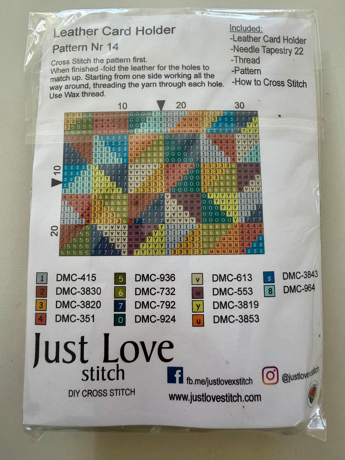 Cross – Stitch Kit – Tan Leather Card Holder – Multi – Coloured Pattern