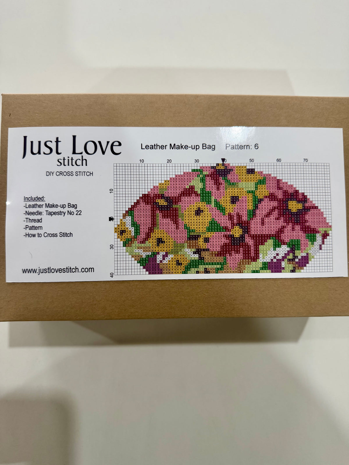Cross – Stitch Kit – Tan Leather Make – Up Bag – Pink Floral