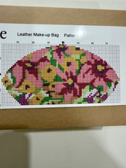 Cross – Stitch Kit – Tan Leather Make – Up Bag – Pink Floral