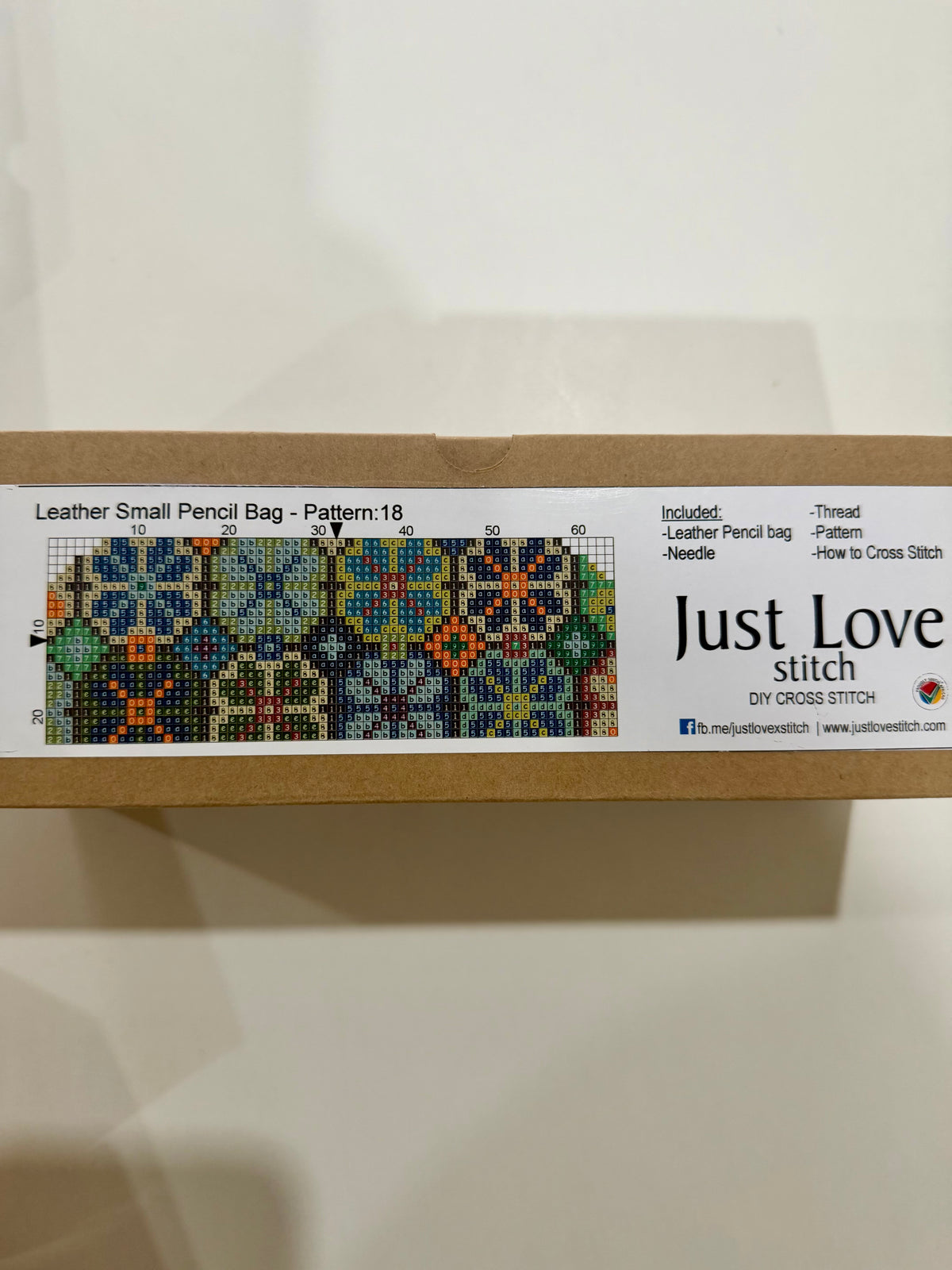 Cross – Stitch Kit – Tan Leather Pencil Case – Blue & Turquoise Pattern