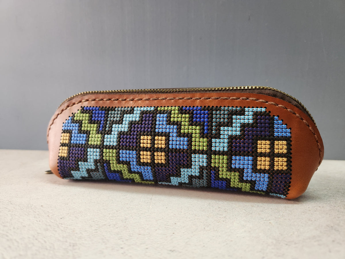 Cross – Stitch Kit – Tan Leather Pencil Case – Blue & Turquoise Pattern