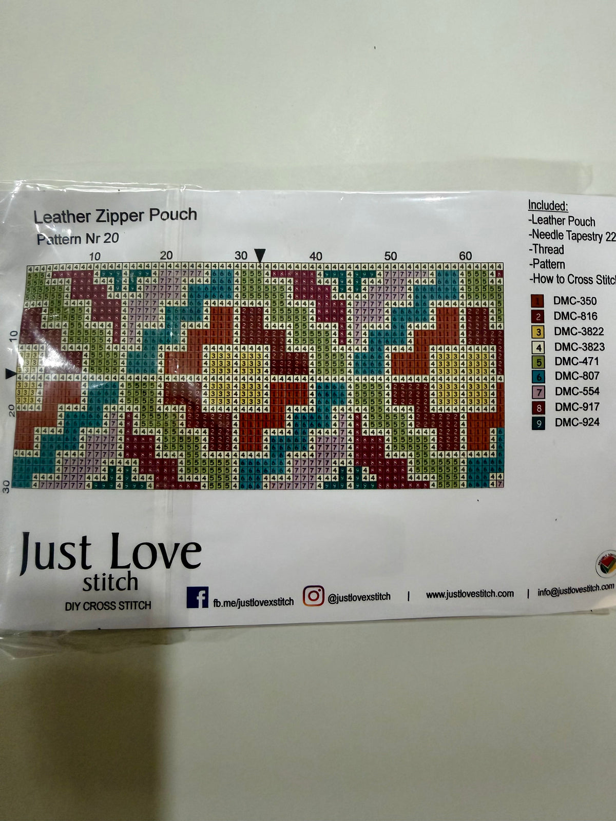 Cross – Stitch Kit – Tan Leather Zipper Pouch – Multi – Colour Pattern