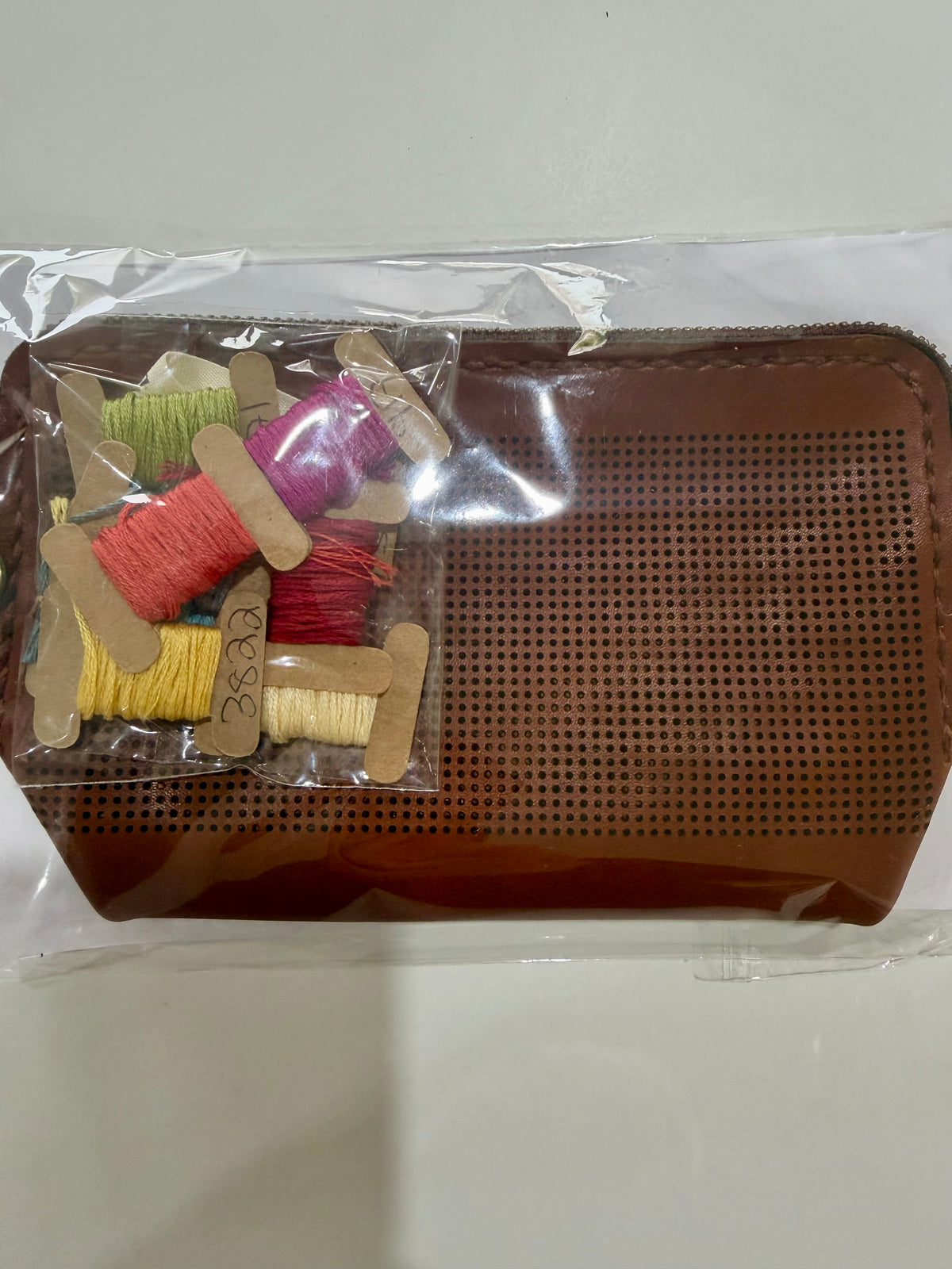 Cross – Stitch Kit – Tan Leather Zipper Pouch – Multi – Colour Pattern