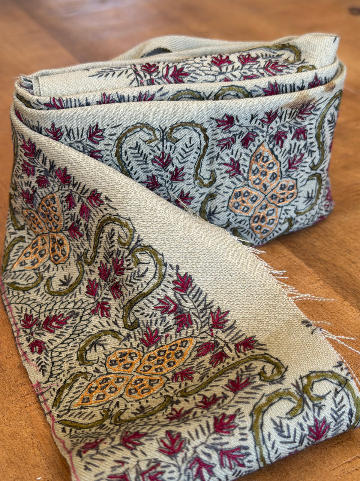 Hand Stitched Vintage Wool Trim – Beige with Khaki, Mustard & Red