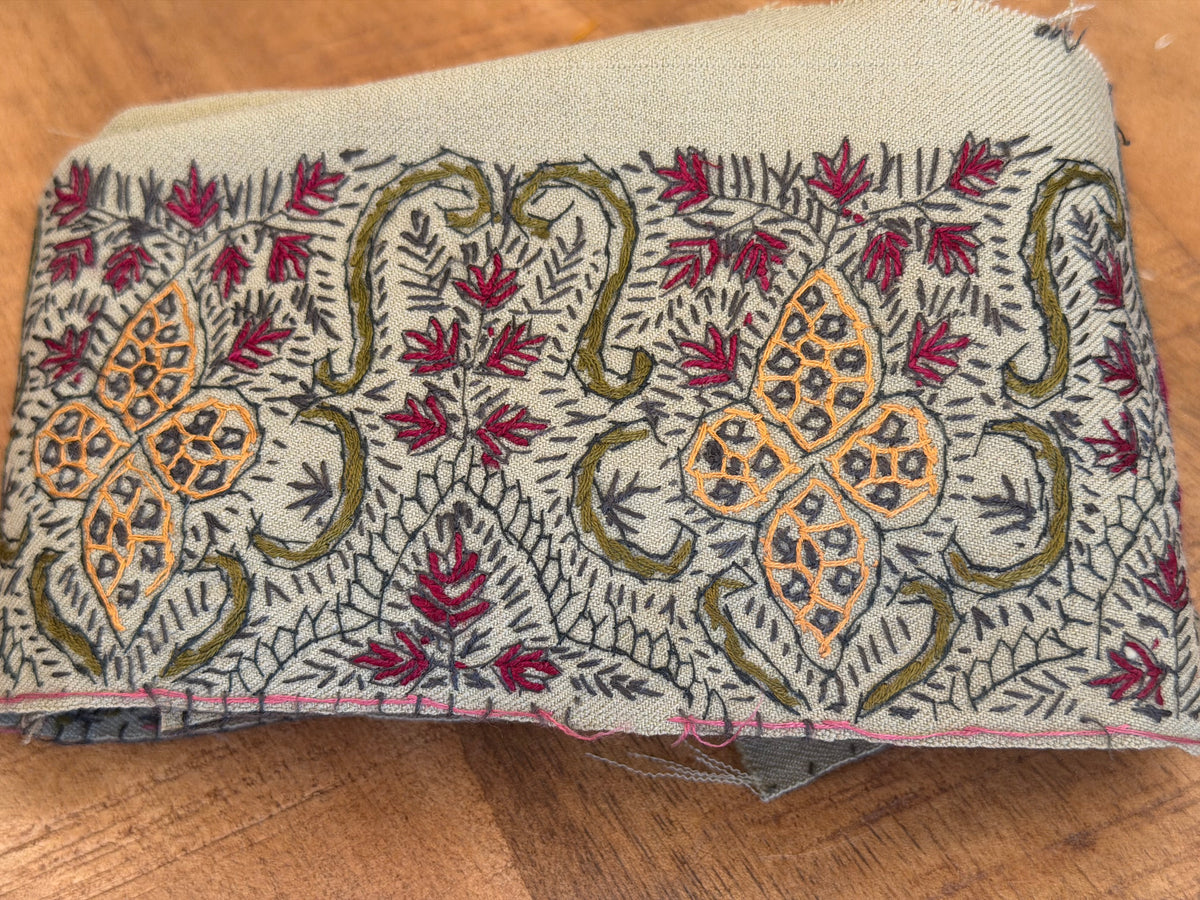 Hand Stitched Vintage Wool Trim – Beige with Khaki, Mustard & Red