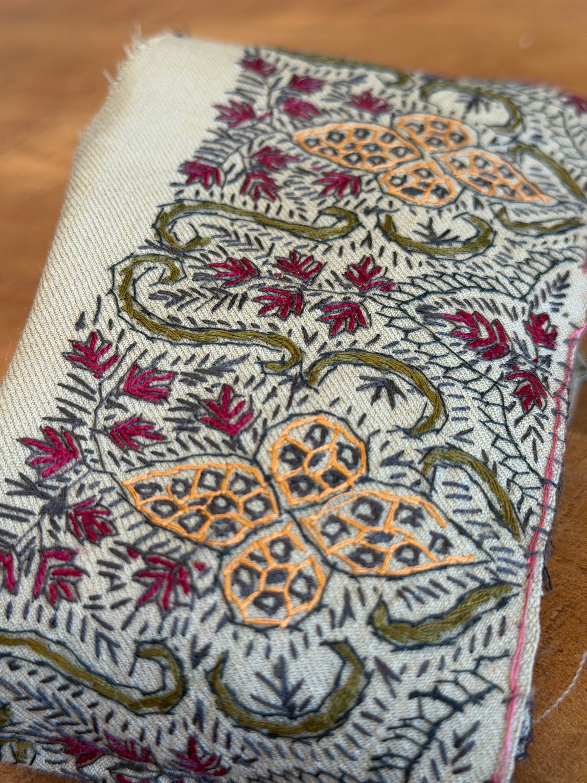 Hand Stitched Vintage Wool Trim – Beige with Khaki, Mustard & Red