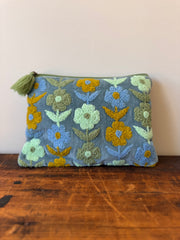 Large Velvet Purse – Green & Blue Flowers