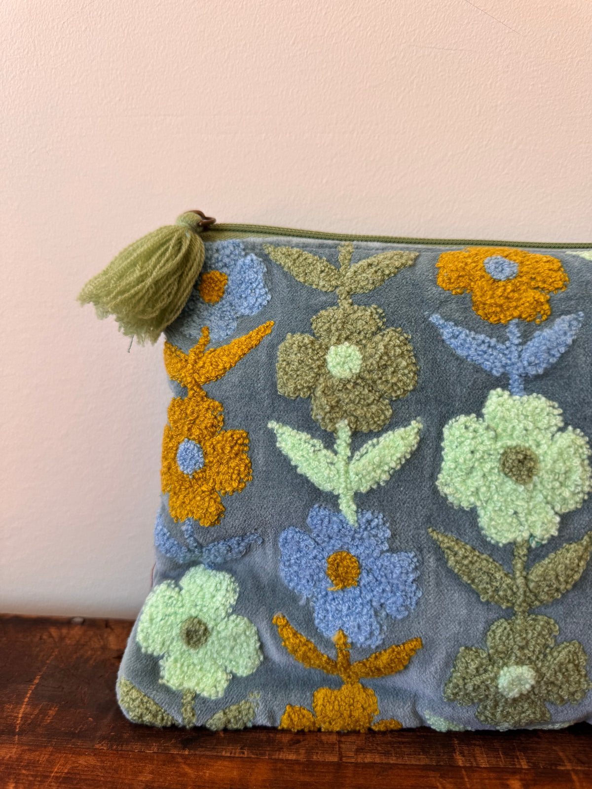 Large Velvet Purse – Green & Blue Flowers