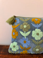 Large Velvet Purse – Green & Blue Flowers