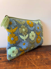 Large Velvet Purse – Green & Blue Flowers