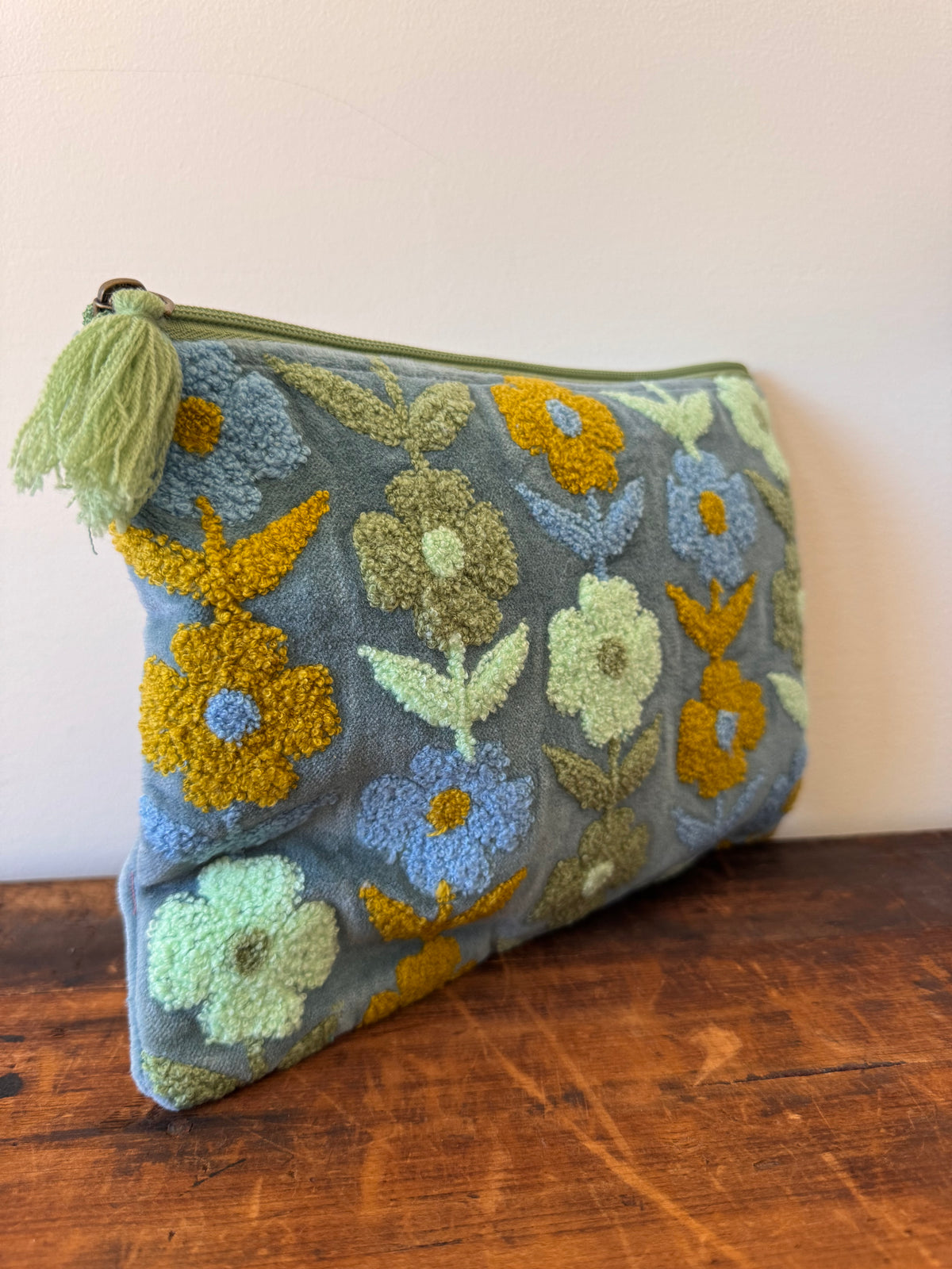 Large Velvet Purse – Green & Blue Flowers
