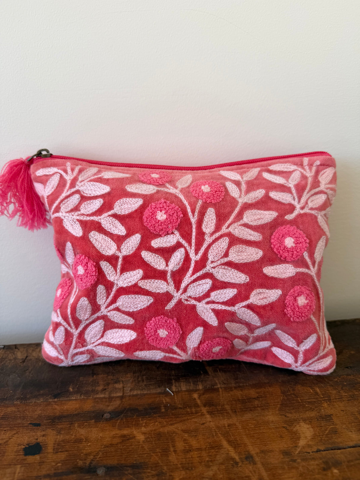 Large Velvet Purse – Pink Embroidered Floral