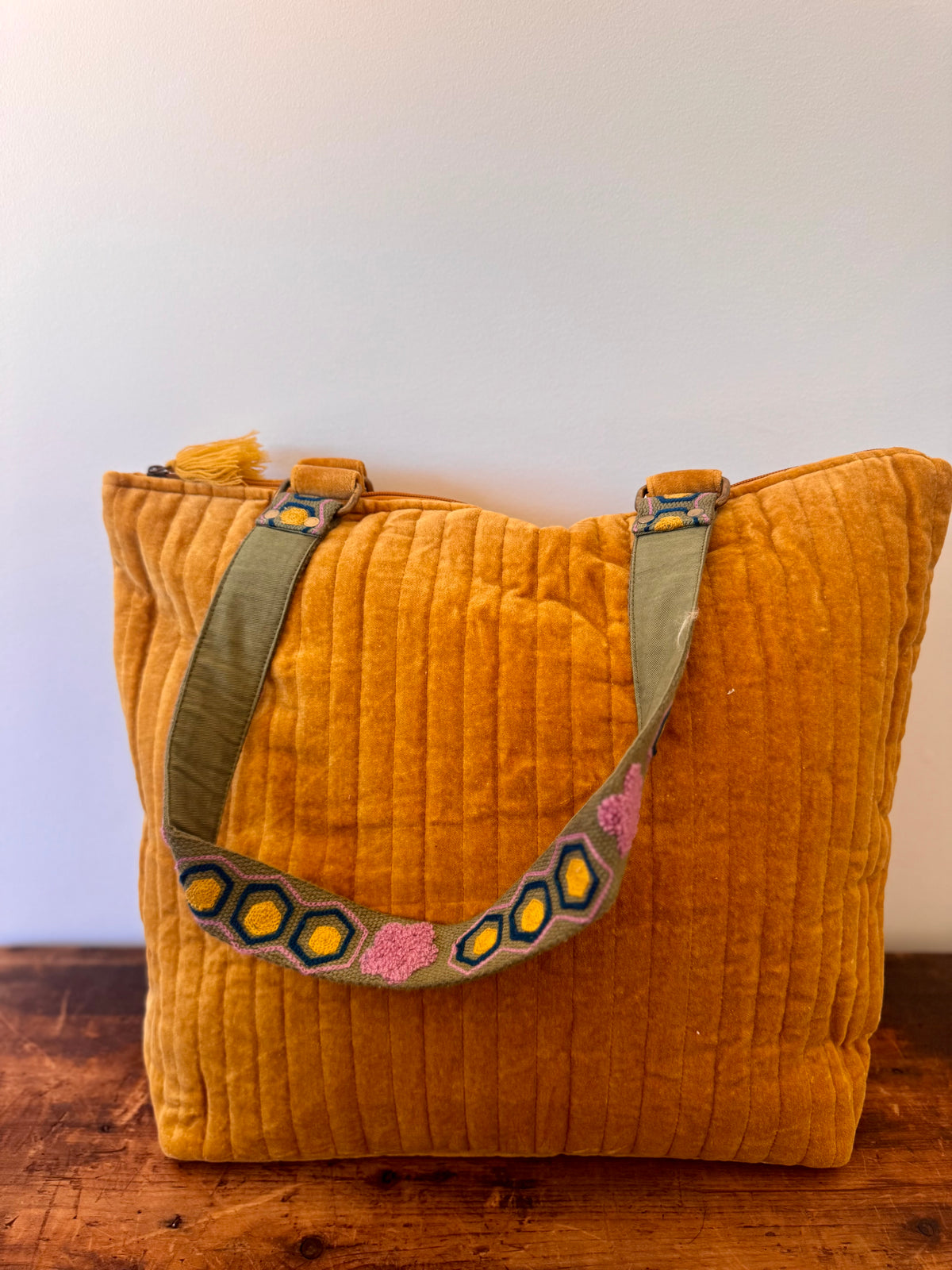 Large Yellow Velvet Tote Bag With Embroidered Handle