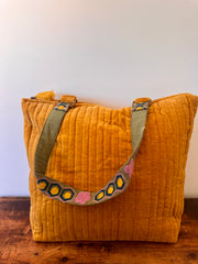 Large Yellow Velvet Tote Bag With Embroidered Handle
