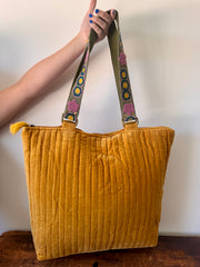 Large Yellow Velvet Tote Bag With Embroidered Handle
