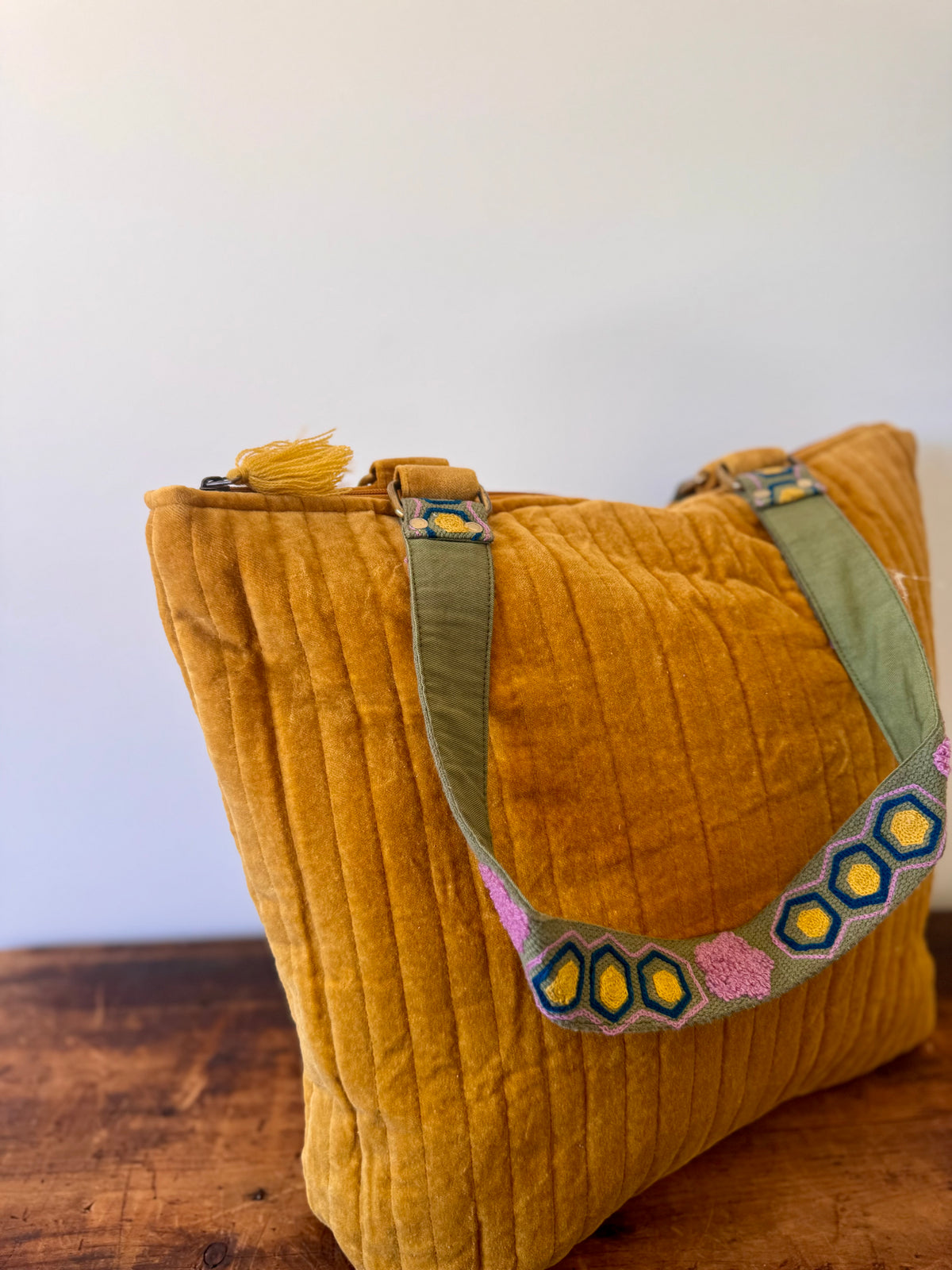 Large Yellow Velvet Tote Bag With Embroidered Handle