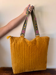 Large Yellow Velvet Tote Bag With Embroidered Handle