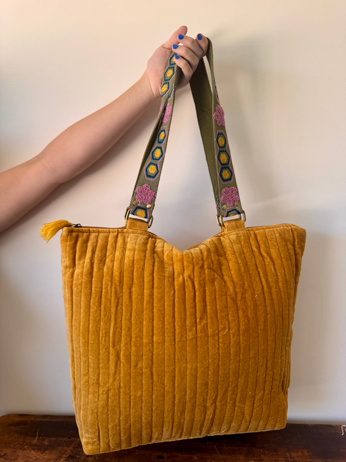 Large Yellow Velvet Tote Bag With Embroidered Handle