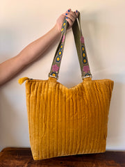 Large Yellow Velvet Tote Bag With Embroidered Handle