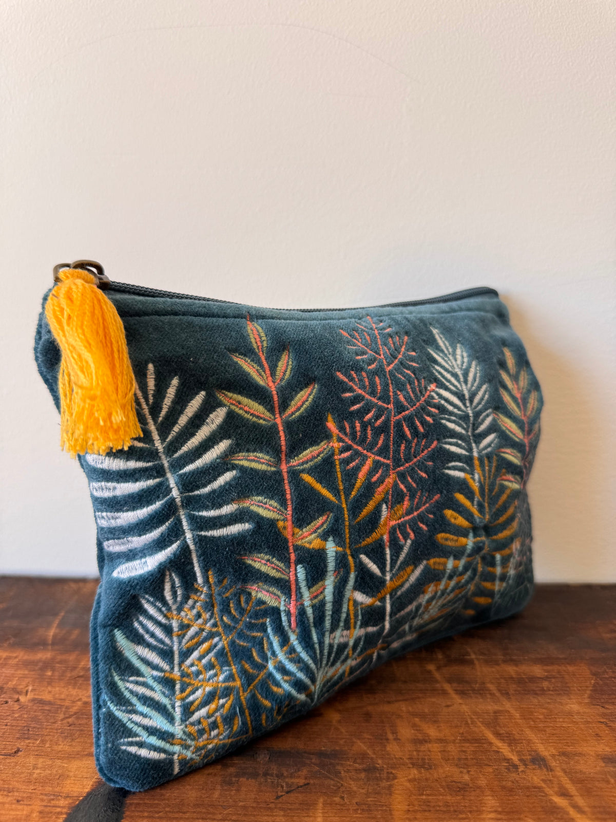 Medium Velvet Purse – Blue Leaves