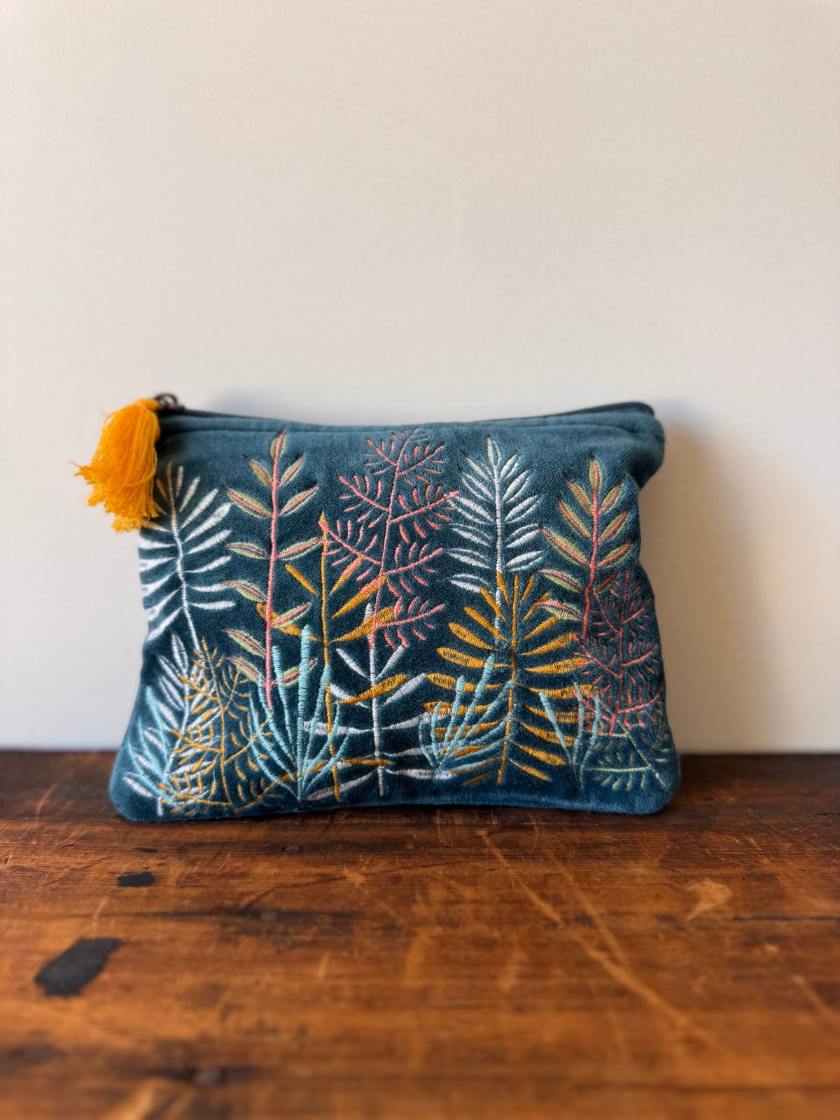 Medium Velvet Purse – Blue Leaves