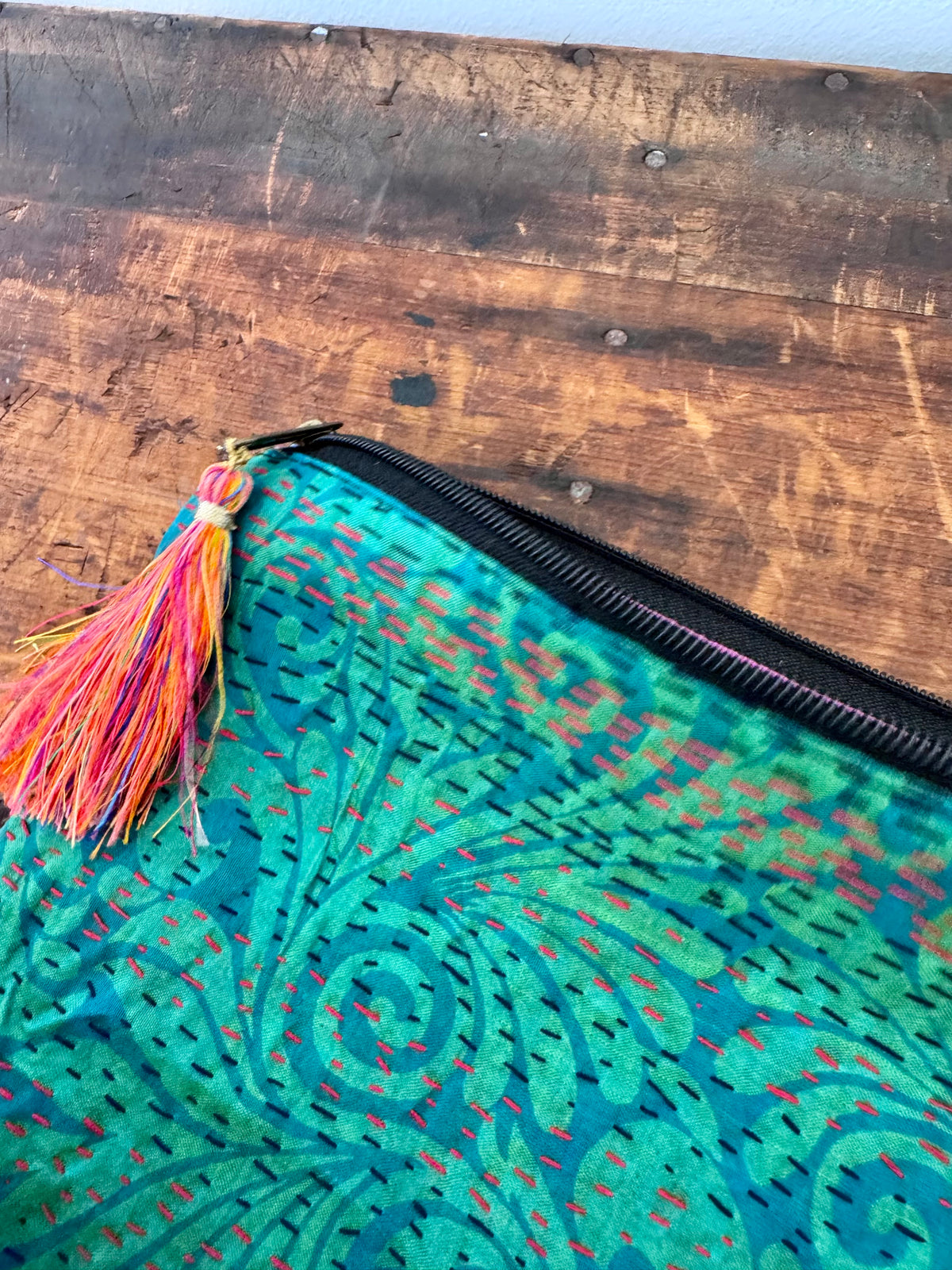 Silk Kantha Stitched Bag – Aqua Green