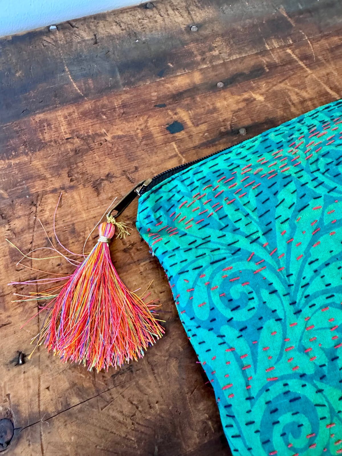 Silk Kantha Stitched Bag – Aqua Green