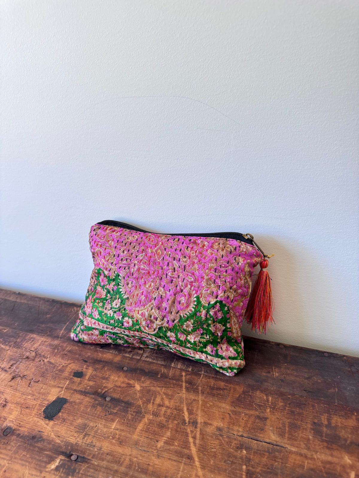 Silk Kantha Stitched Bag – Green & Pink