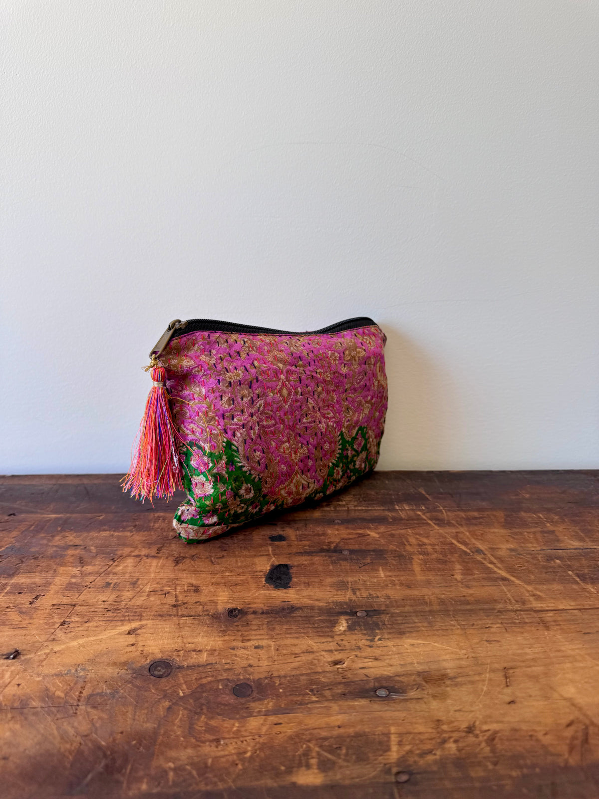 Silk Kantha Stitched Bag – Green & Pink