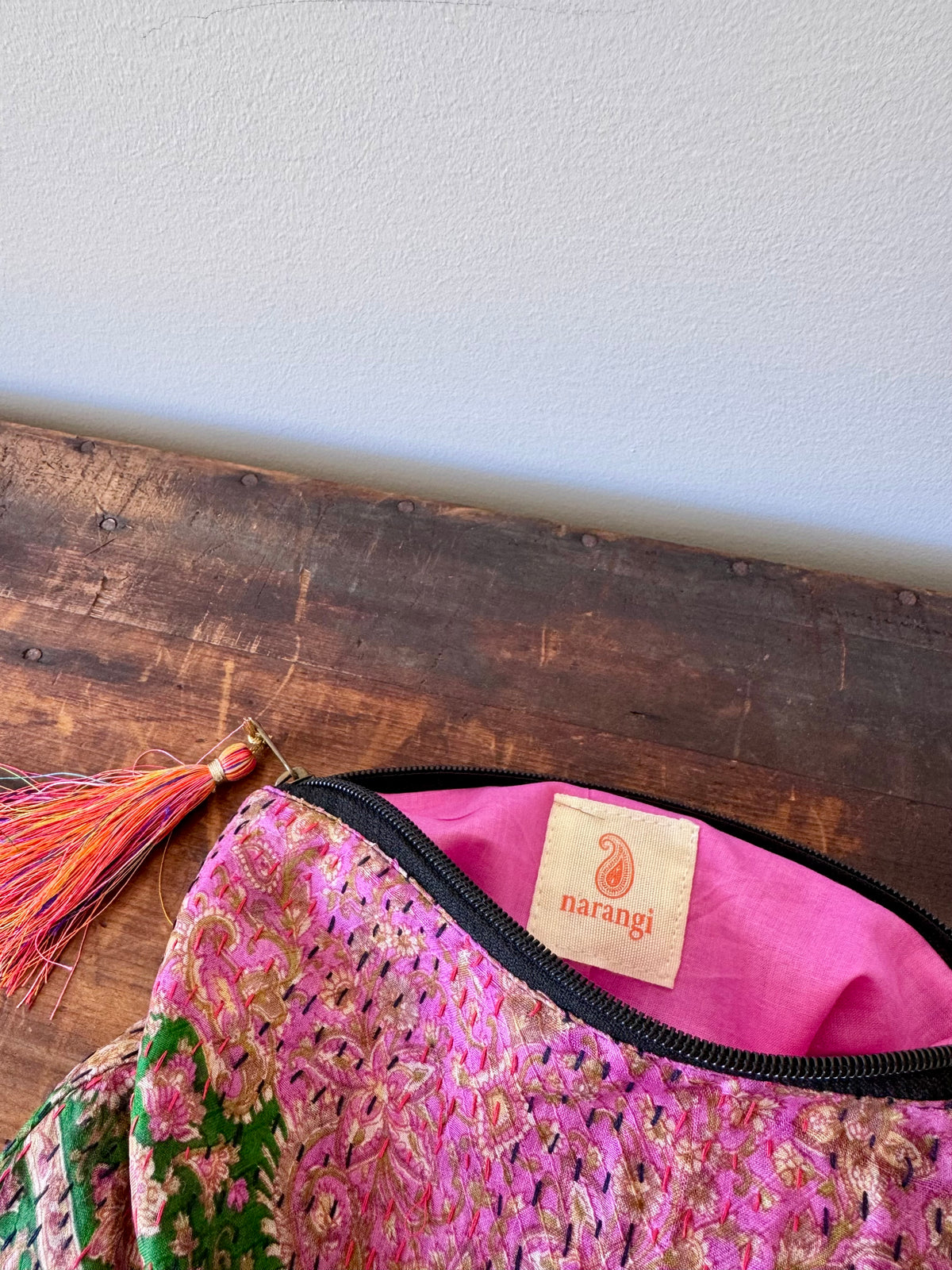 Silk Kantha Stitched Bag – Green & Pink