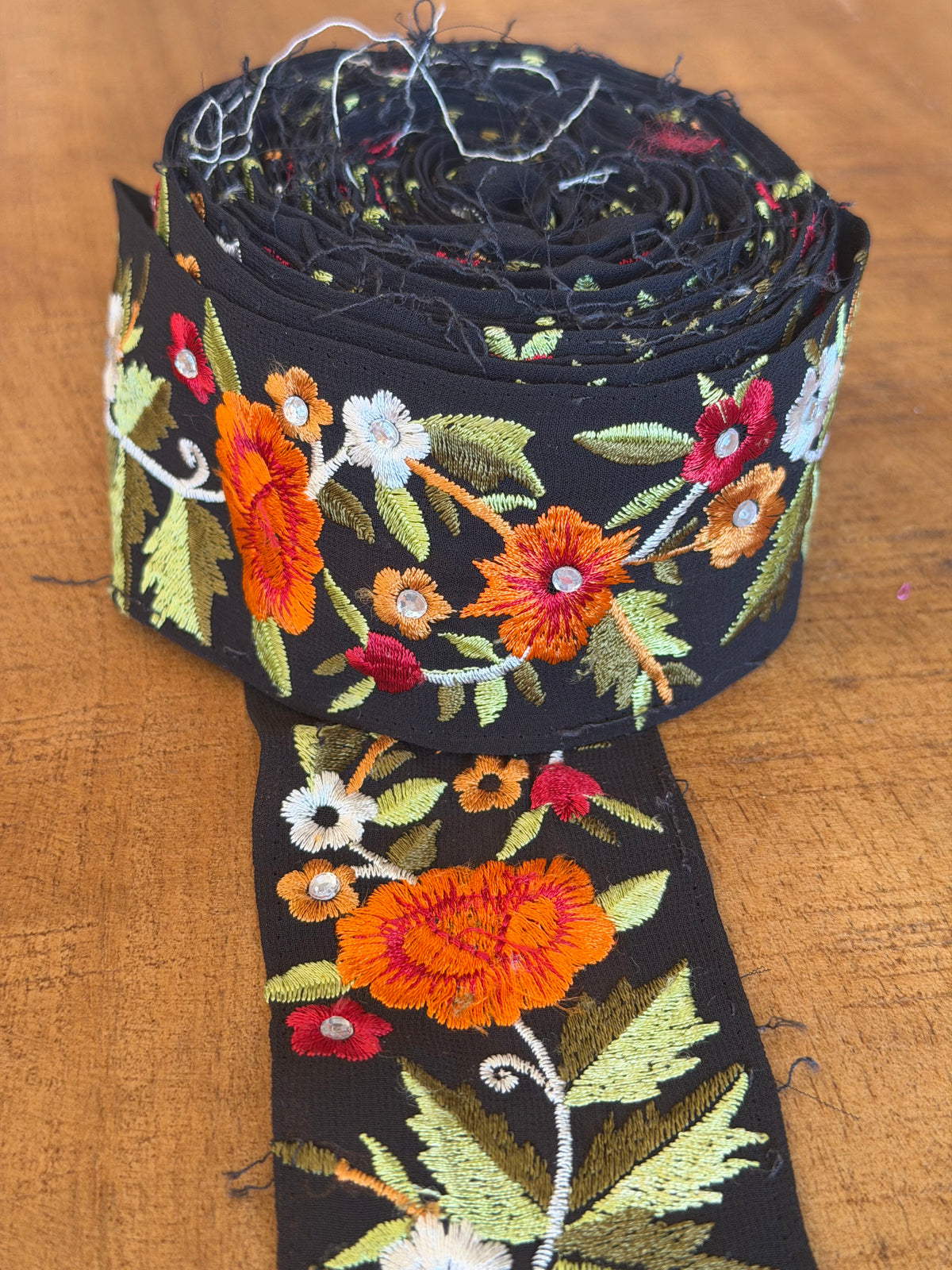 Upcycled Saree Trim – Black With Autumn Floral
